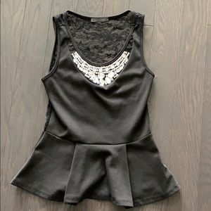 Suzy Shier Black Peplum Jewel Top With Lace Back